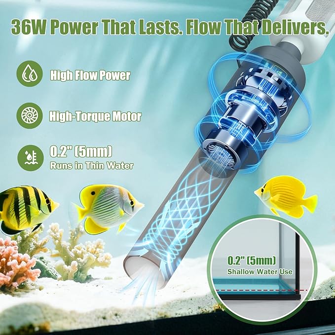 Cordless Aquarium Gravel Cleaner Vacuum: 6-in-1 Electric Fish Tank Cleaner, Rechargeable & Strong Suction Water Changer, Touch Control, Fits 5–150 Gallon Tanks