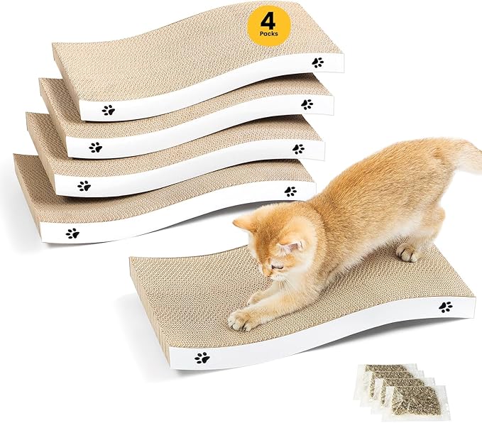 Cat Scratcher, Durable Scratch Pad, Corrugated Cardboard Scratching Board for Indoor Cats, Heavy Duty, Double-Sided Usability, Recyclable, with Catnip, Medium, 4 Packs
