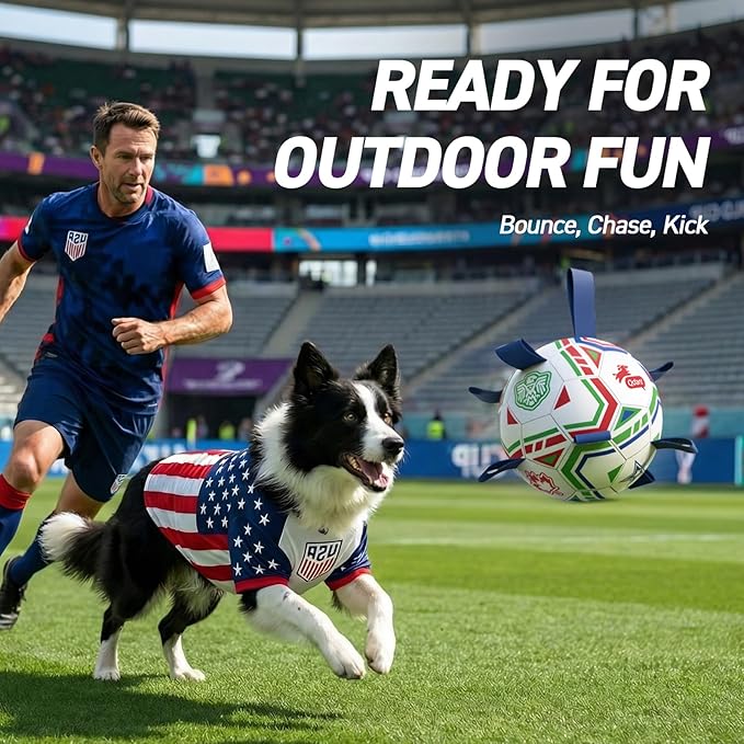 QDAN World Cup Soccer Ball for Dog, 8 Inch Dog Balls with Straps for Interactive, Tug and Training, Indoor Outdoor Toys for Medium & Large Dogs, 2026 Herding Ball