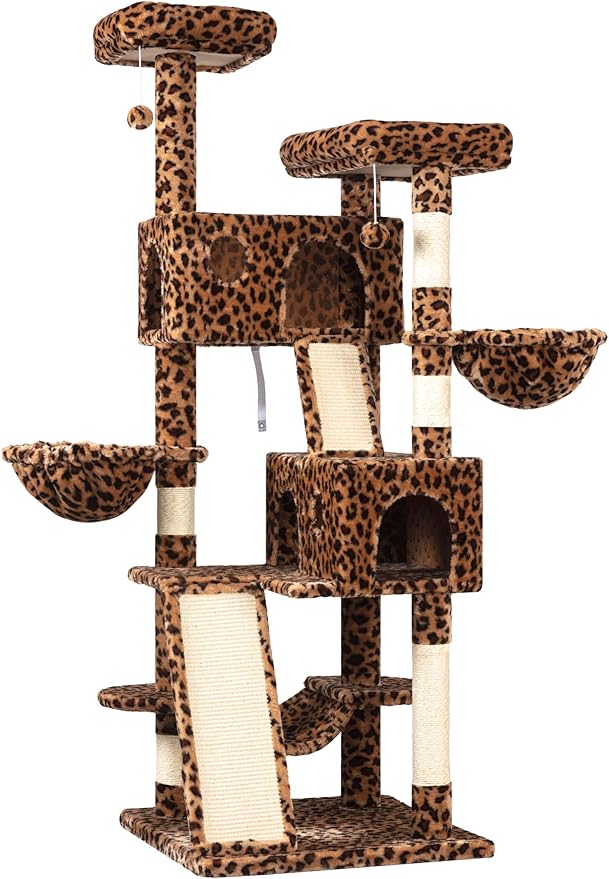 WEEWAY Cat Tree Tower for Indoor Cats,65'' Multi-Level Cat Furniture Activity Center,Stand House Condo Cave,Sisal Scratching Posts Ramps,Plush Perches Platforms Basket Hammock, Leopard Print