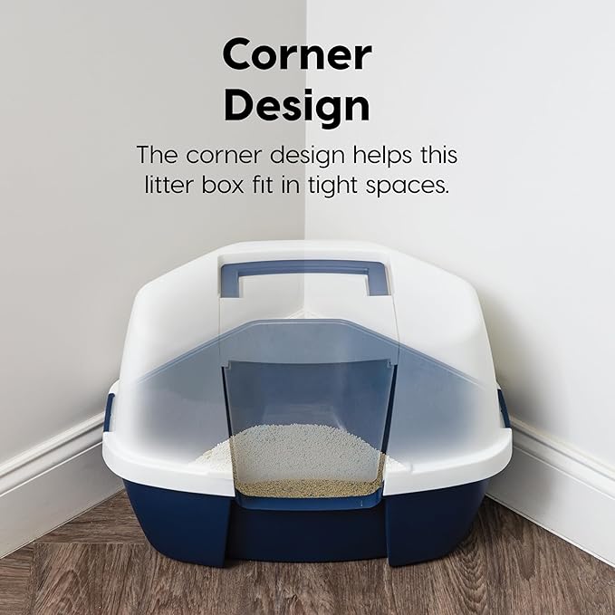 IRIS USA Corner Cat Litter Box Enclosure with Scoop, Small Cat Litter Box with Lid, Corner Litter Box Enclosure for Kittens to Medium Sized Cats, Odor Defensive Hooded Litter Tray, Navy/White
