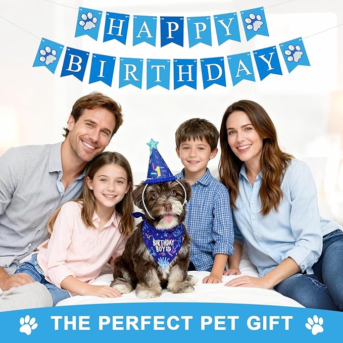 Dog Birthday Party Decorations, Adjustable Dog Bandana Set with Hat, Numbers, Banner for Pet Party Supplies Festive Accessories Large Medium Small Pet Puppy Dogs, Blue
