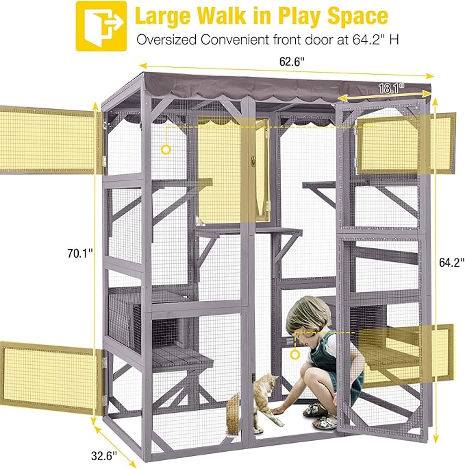Aivituvin Catio Outdoor Cat Enclosure with 7 Platforms, 2 Resting Boxes, Large Window Cat House for 4-6 Mulitiple Cats Walk in Kitty Cage with Weatherproof Tarp Roof 70"