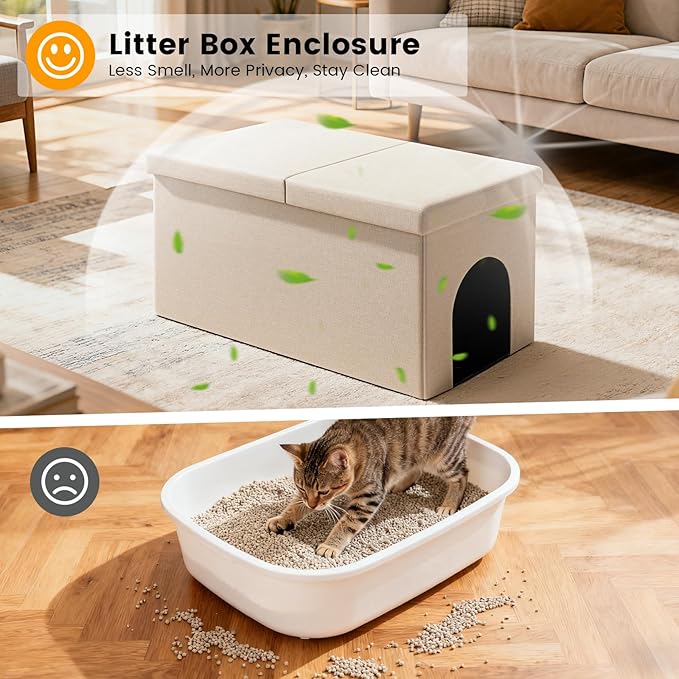 3-in-1 Cat Litter Box Enclosure with Odor Control, Multi-Functional Hidden Litter Box Furniture Bench, Dog Proof, Space-Saving Ottoman Cabinet with Flip-Up Lid, Storage Footrest, Beige