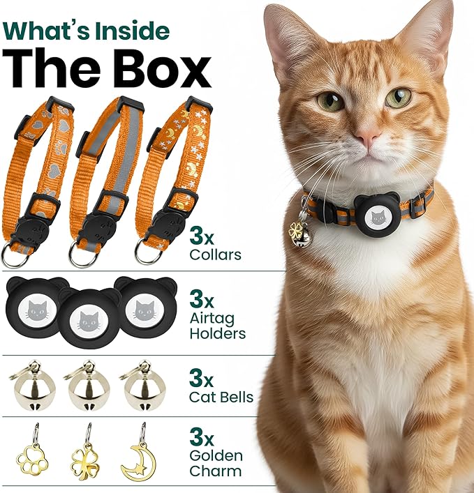 Cat Collar with AirTag Holders, 3-Pack, Reflective Breakaway Safety Collars, Bells and Matching Charms, Adjustable, Paw Hearts, Moon Stars Design, Lucky Charm, Red, Blue, Black (Orange)