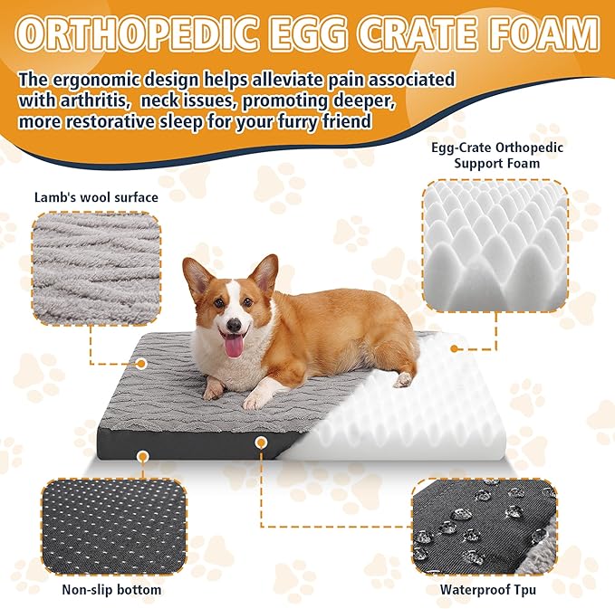 Orthopedic Dog Beds Large Sized Dog – Waterproof Plush Pet Mattress with Removable Washable Cover, Non-Slip Bottom, Memory Foam Mat for Crate, 35x22 Inch, Grey