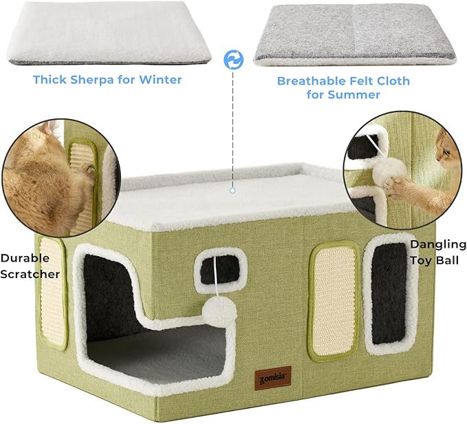 Extra-Wide Cat House for Indoor Cats - Large Cat House for Pet with Fluffy Ball Hanging and Scratch Pad, Foldable Cat Hideaway for Multi Cats, 23x16.5x13 inches, Green