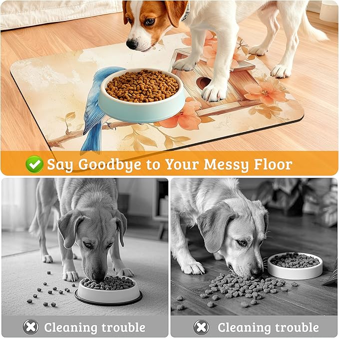 Dog Bowl Mat,Blue Bird Pet Feeding Mat for Floors Waterproof,Fall Leaves Absorbent Dogs Placemat for Food and Water Quick Dry Pet Cat Feeding Mats with Non Slip Bottom 16" x 24"