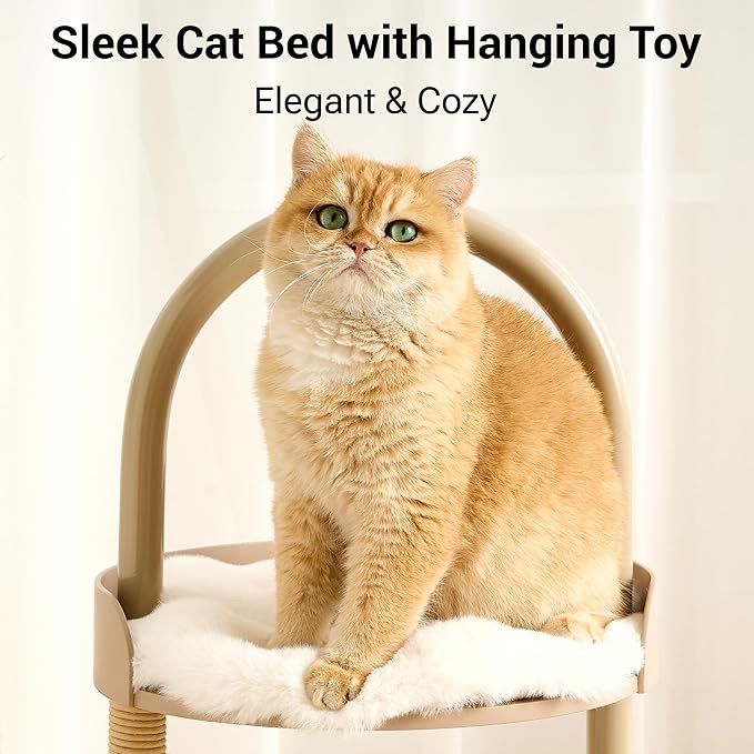 Modern Cat Tree Tower for Indoor Cats up to 12lbs, 34" H Furniture-Style Metal Cat Tower with Scratching Posts, Wood Cat Bed with Soft Plush Cushion Washable, Acrylic Capsule, Cream Beige
