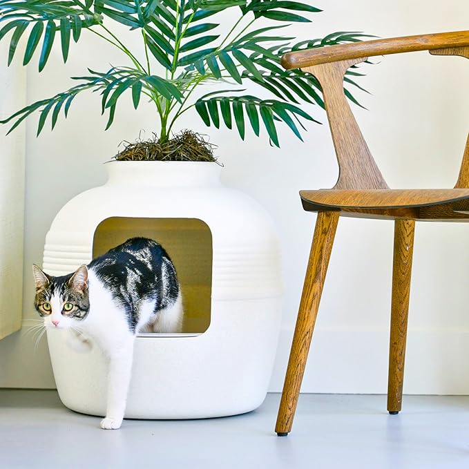 Good Pet Stuff Hidden Litter Box Planter, Decorative Cat Litter Enclosure with Carbon Filter, Artificial Plant, Easy Clean, Indoor Design, Original Round Style, Essentials Kit, White Birch