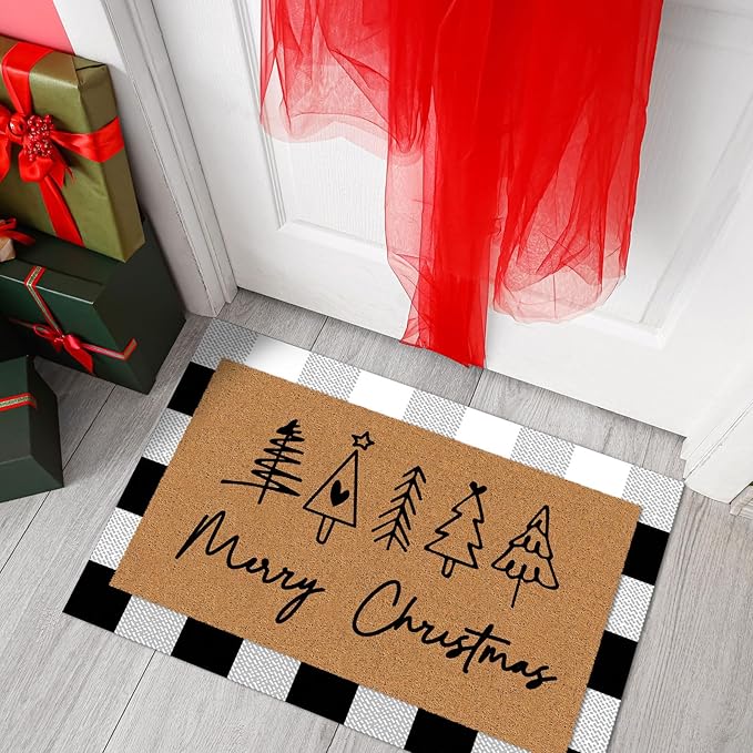 Tinideya 2 Pcs Door Mat Welcome Non Slip Coir Mats Floor Layering Doormats Seasonal for Front Porch Entryway Decor(Christmas)