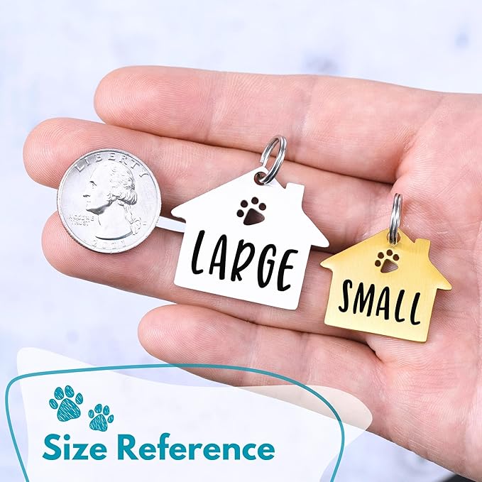 Ultra Joys Dog Tags Personalized for Pets - Hollow Paw Custom Pet ID Tag - Engraved Dog Tag for Small, Large Dogs - Large House in Gold