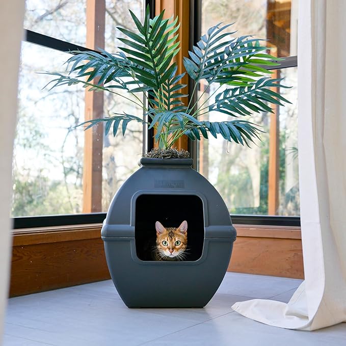 Good Pet Stuff Hidden Litter Box Planter, Decorative Cat Litter Enclosure with Carbon Filter, Artificial Plant, Easy Clean, Indoor Design, Courtyard Square Style, Base Kit, Black Suede