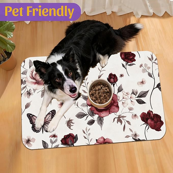 Vintage Flower Butterfly Dog Cat Food Mat, Absorbent Feeding Placemat, Waterproof Non-Skid Bottom – 16x24 Inch
