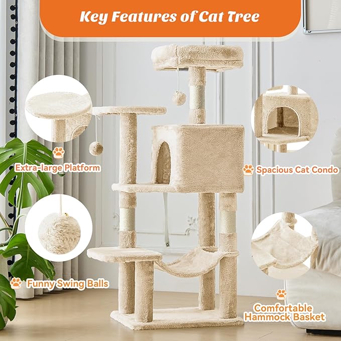 Cat Tree Tower 44 Inch, Small Cat Tower with Condo, Hammock, Sisal Scratching Posts, Extended Perch, Pet Play House for Indoor Kittens and Cats, Beige