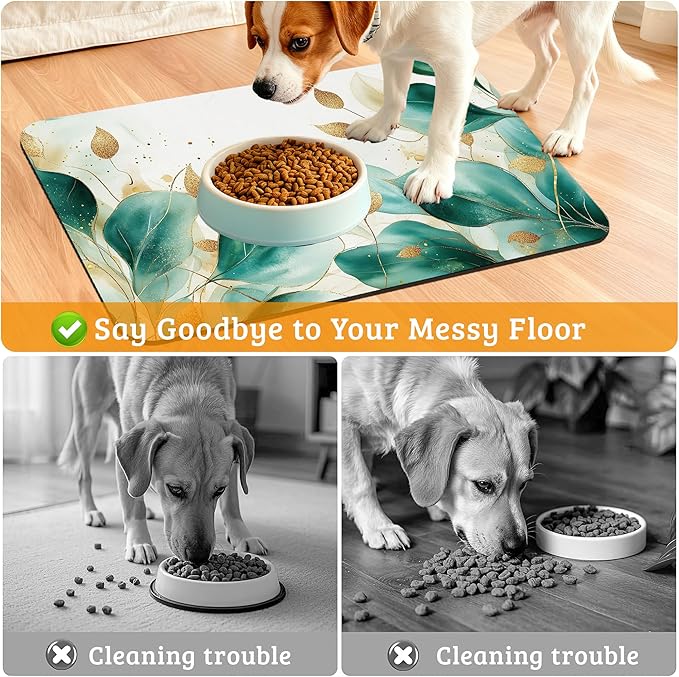 Green Plam Dog Cat Food Mat,Tropical Leaves Absorbent Waterproof Placemat for Food and Water Non Slip Rubber Backing Durable Feeding Pad for Clean Floors 16" x 24"