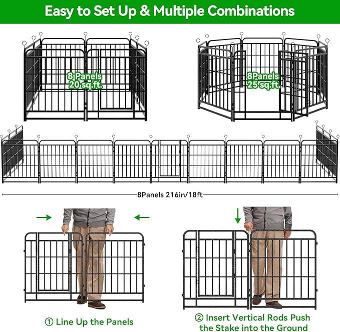 Dog Fence Outdoor 8 Piece Panels 32" Height, Square Steel Pipe with Reinforced Crossbars, Anti-Rust Heavy Duty Dog Playpen with Doors Portable for Yard RV Camping, Total 18FT, 25 Sq.ft, Snowy Black