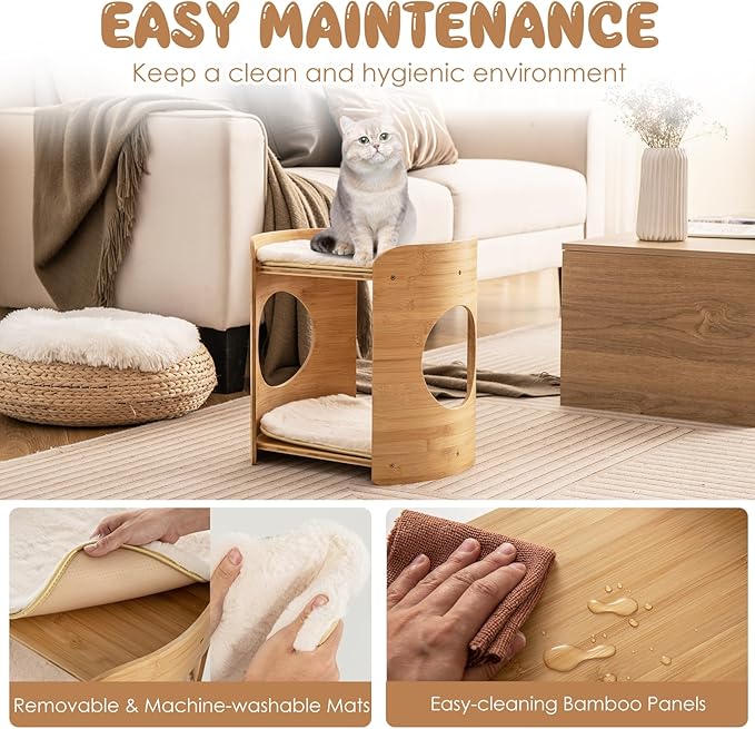Tangkula Elevated Cat Bed for Indoor Cats, 2-Tier Cute Small Cat Tree Tower with Natural Bamboo Frame, Removable & Washable Soft Plush Mats, Cat Holes, Farmhouse Pet Furniture