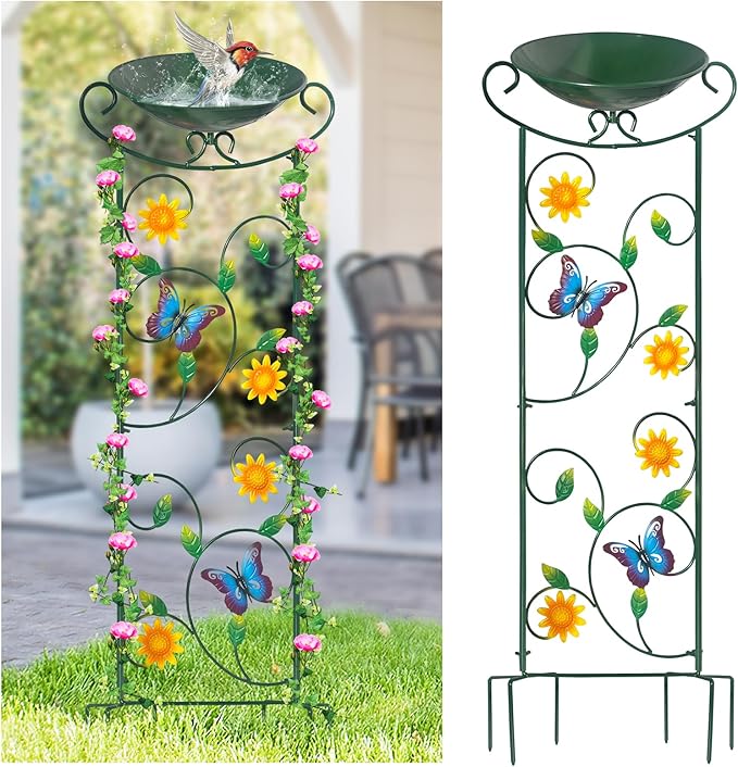 HONGLAND Metal Bird Bath with Trellis, 35" Outdoor Garden Birdbath with Detachable Bowl & Climbing Plant Support, Decorative Bird Feeder Station with Butterflies for Yard, Patio, Fence