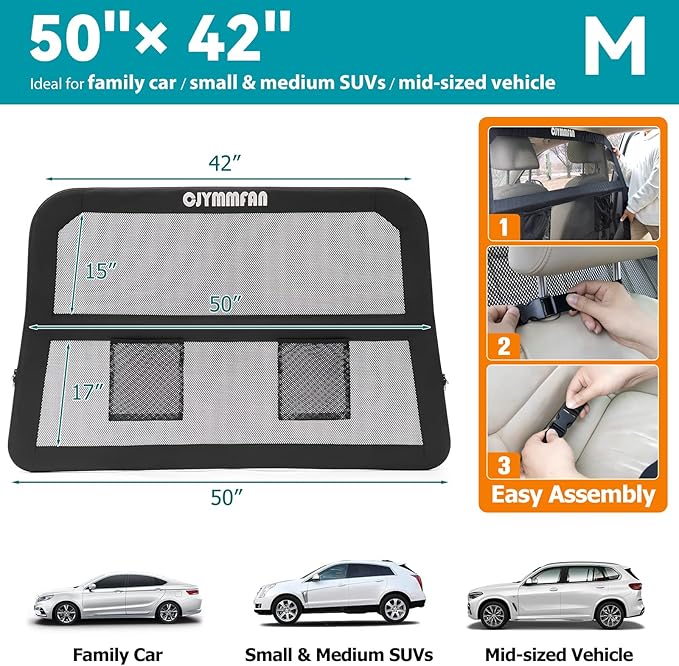 Dog Barrier for Car Back Seat & Cargo Area with Wider Coverage, Universal Fit for Cars, SUVs & Sedans, Dog Car Gate Divider with Chew-Proof Transparent Net and Sturdy Metal Frame for Backseat & Trunk