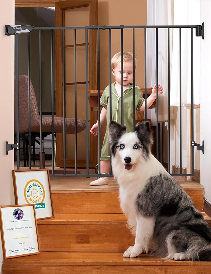 Babelio Baby Gate for Stairs, Kitchen & Doorways, No Bottom Bar| Easy Installation| One-Handed Operation| Auto-Close| Hardware Mount (Drill Needed) Safety Dog Gate (Black - B17, 34" H, 29-49" W-Wide)