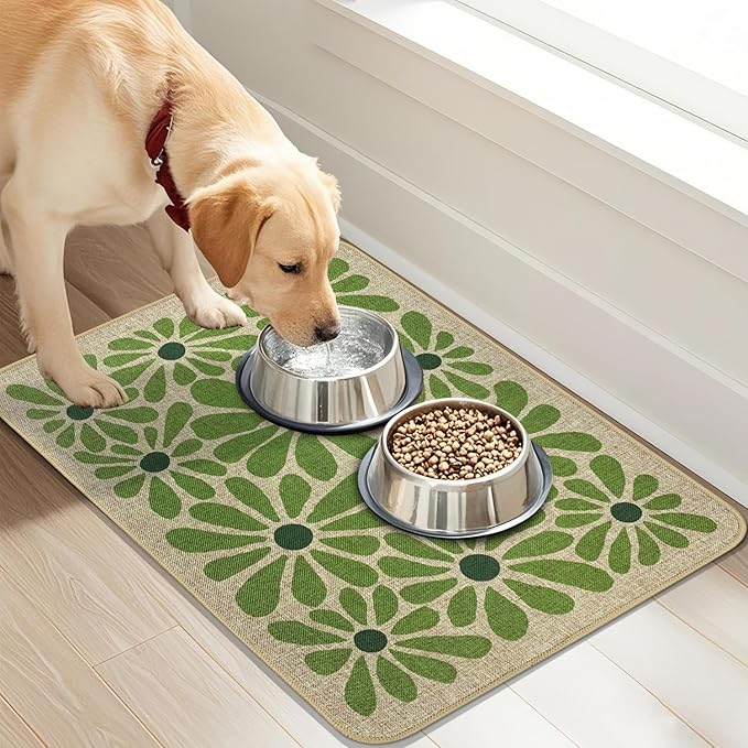 SHIYUE Dog Food Mats for Floors, Absorbent Cat Bowl for Food and Water, Non-Slip Accessories Pet Supplies(12"x20",Green Flower)