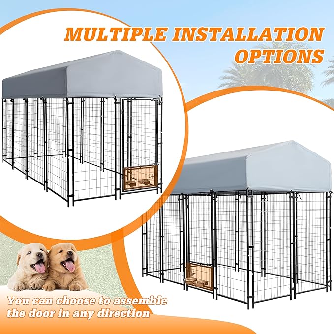 8x4x6 FT Outside Large Dog Kennel with roof - Outdoor Heavy Duty Welded Wire Steel Dog Playpen with Rotating Bowls, Dog Run Enclosure Crate Cage with Lockable Doors for Chicken, Rabbit
