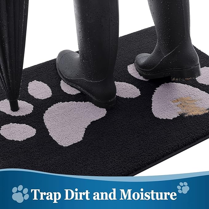 Buganda Dog Door Mat for Muddy Paws, Absorbent Dirt Trapper Washable Indoor Doormats, Non Slip Low-Profile Mud Mat for Dogs, Front Entrance Doormat for Inside Floor (30x20 Inches, Black and Grey)