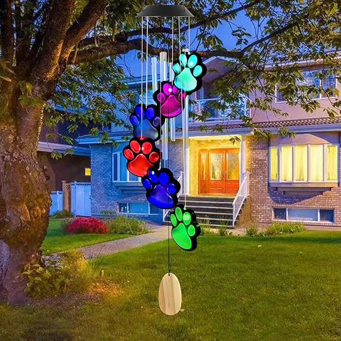 Paw Print Solar Wind Chimes for Outside,Color Changing Paw Prints Wind Chimes Solar Lights Outdoor Yard Decor,Dogs Cat Pet Pawprint Wind Chime,Sympathy Gift for Pet Lover,Garden Gift for Mom Grandma