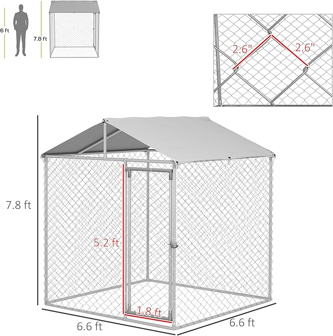 PawHut Outdoor Dog Kennel, Heavy Duty Dog Run Outdoor Fence with Waterproof Cover, Galvanized Chain Link, Secure Lock, for Large Breeds, Chickens, Ducks, 6.5' x 6.5' x 7.8'