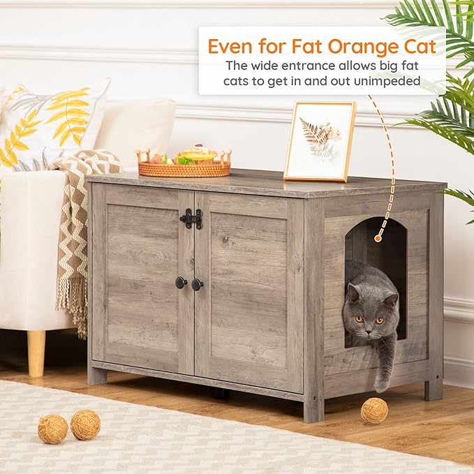 HOOBRO Litter Box Enclosure, Cat Litter Box Furniture with Removable Divider, Large Hidden Litter Box Furniture, Wooden Cat House, End Side Table, 31" L x 17.5" W x 19.7" H, Greige BG03MW01G2