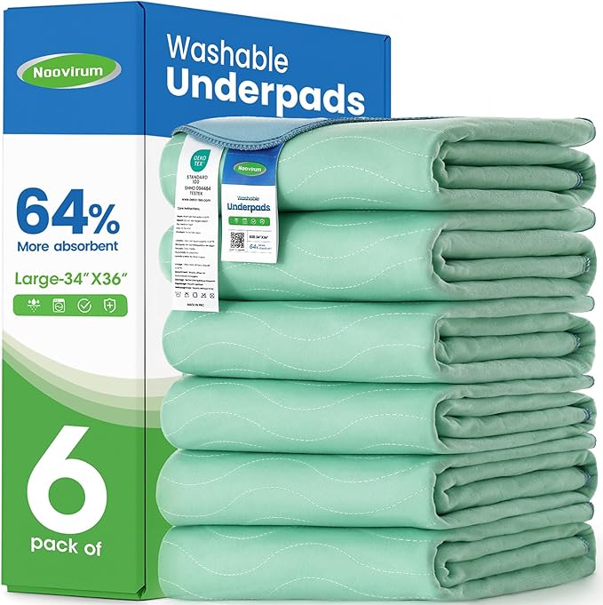 Noovirum® Washable Underpads, 34"x36" (Pack of 6) Reusable Incontinence Pads for Kids, Adults, Elderly, Pets - Waterproof Protective Pad for Bed, Couch, Sofa, Furniture, Floor