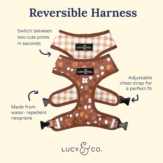 Lucy & Co. Cute Reversible Dog Harness Walking Halter - Best Designer Pet Harnesses for XS - XL Dogs - Padded Adjustable Vest for Easy Walking (Large, Chocolate Meadows - Brown & White Floral)