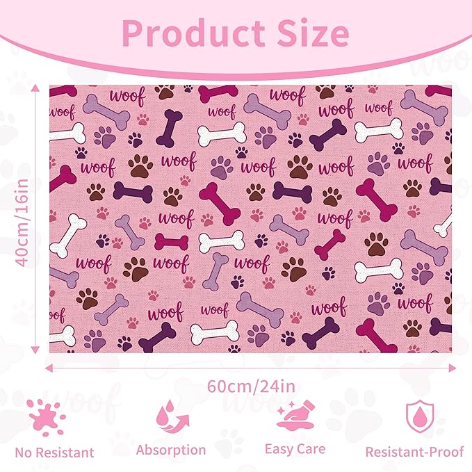 Dog Feeding Mat 24 x 16 Inch, Pink Paw Bone Woof Dog Placemat Absorbent Quick-Dry for Food and Water, Waterproof Non Slip Rubber Pet Bowl Pad Mat for Floors