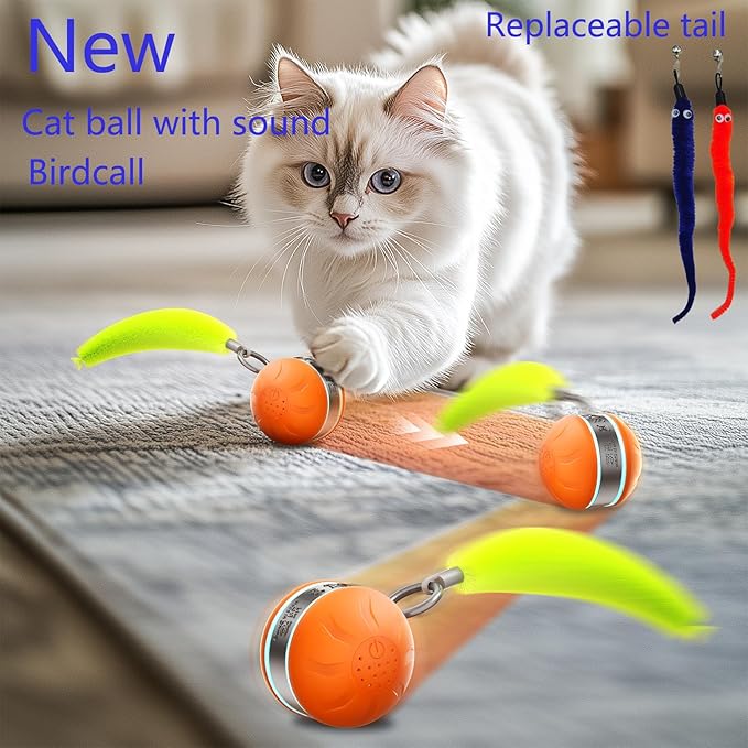 Interactive Cat Toy Ball Automatic Interactive Cat Toys for Indoor Cats with 3 Tails Birdsong 3 Modes Newly Upgraded Speedy 2.0 Tail Cat Toys for Kitten/Medium/Large Cats to Keep Them Busy(Orange)