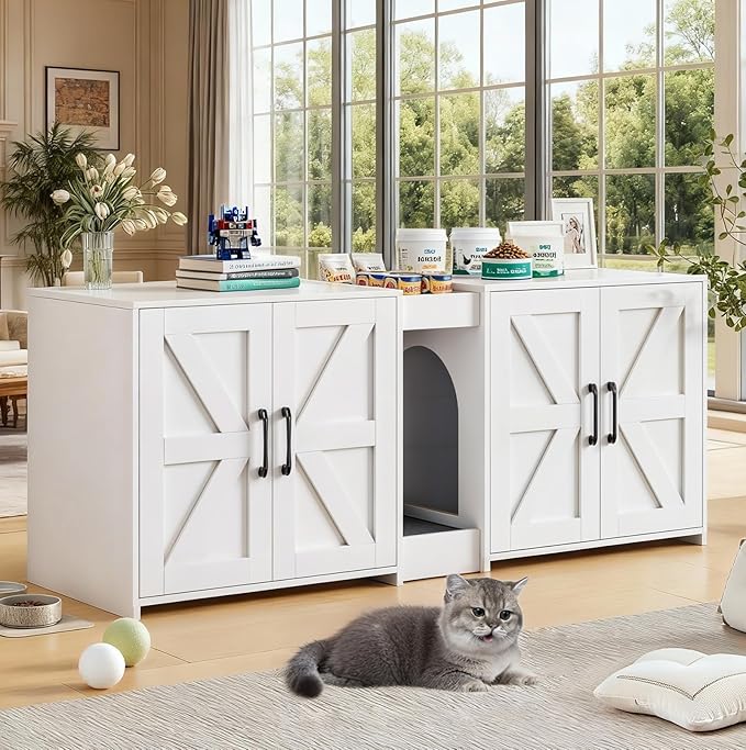 Cat Litter Box Enclosure Furniture - Hidden Litter Box Double Cabinet with Scratch Pad & Cats Bed | Farmhouse Style End Table for Cats | Discreet Cat Washroom for Living Room & Bedroom White