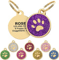 Paw Shape Dog ID Tag Stainless Steel Custom Laser Engraved, Cute Bling Glitter Pet Name Tags Personalized with Durable Engraving (Gold Sparkly Round Paw)