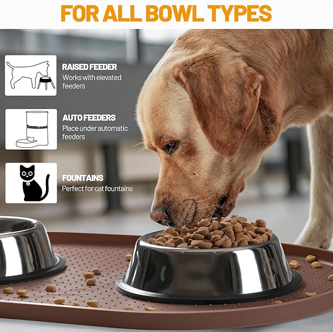Hubulk 100% Waterproof Silicone Pet Feeding Mat with Raised Edge for Food and Water, Dog Bowl Mats, Cat Bowls Placemat with High Lip Protects Floor for Cats and Dogs (Brown, 16" L x 10" W)