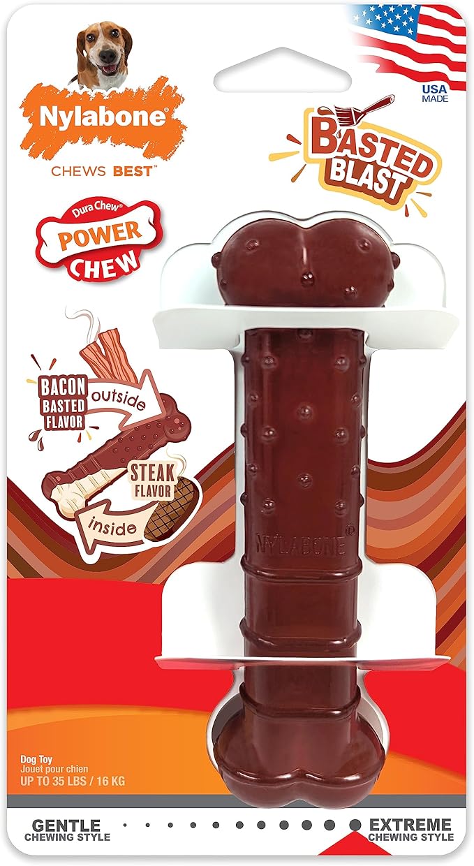 Nylabone Textured Bone Power Chew Toy for Dogs, Durable & Tough Dog Toys for Aggressive Chewers, Basted Blast Bacon & Steak Flavor, Medium Dogs - Up to 35 lbs, 1 Count
