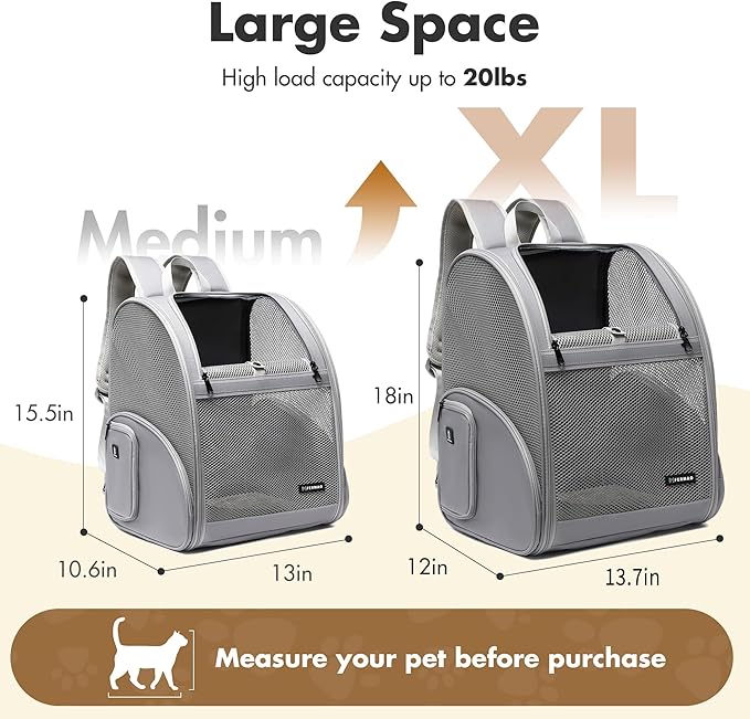 Pet Backpack Carrier ，Large Cat Carrier Backpack Up to 20 Lbs with Breathable Mesh, for Medium Large Cats or Small Dogs, Travel Hiking Camping Backpack (Gray-XL)