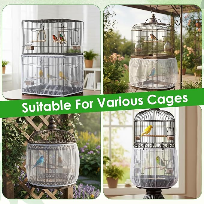 Bird Cage Seed Catcher, Mesh Net Cover Guard Soft Airy Cage Net Stretchy Skirt for Parrot Enclosures Round Square Cages(White