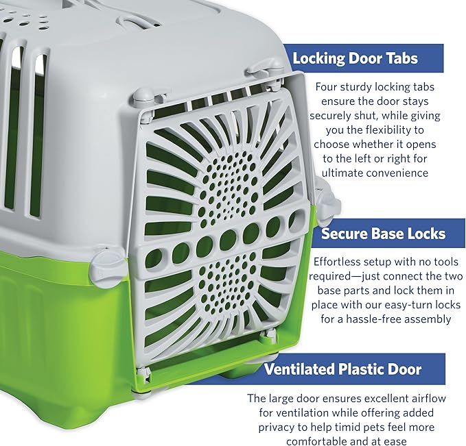 MidWest Homes for Pets Spree Travel Carrier – Hard-Sided Dog & Cat Carrier, Small Pet Travel Crate with Handle, Ventilated Design, Durable Plastic Door, Easy Assembly, 22-Inch, Green