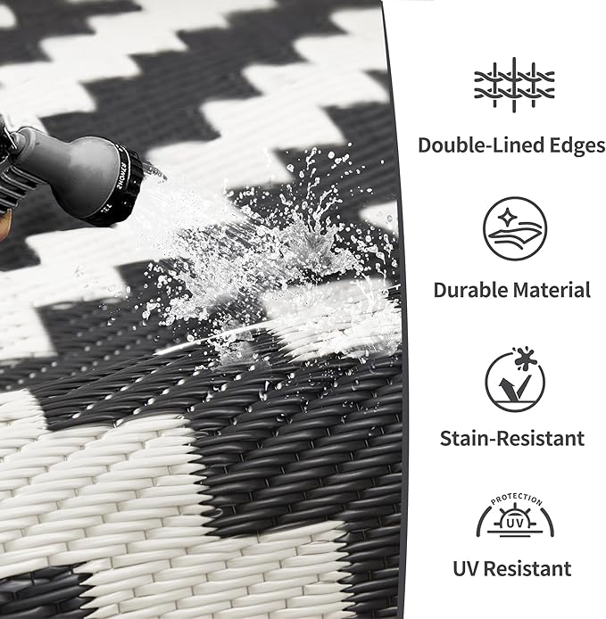 GENIMO Outdoor Rugs 8x10 Waterproof, Reversible Mats, Area Plastic Straw Rug, Outside Carpet, Geometric Rv Mat for Patio Camping Picnic Backyard Deck Balcony Porch Beach Trailer (Black & White)