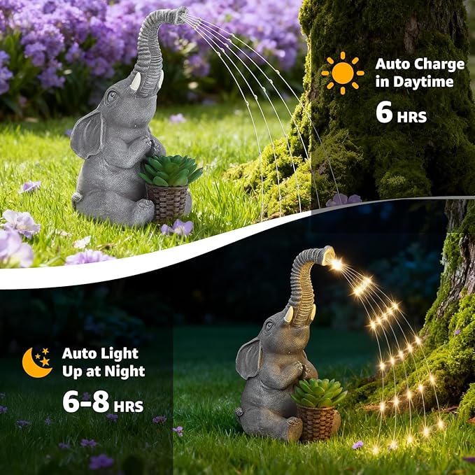Lyeasw Solar Garden Decor Elephant Statues – Birthday Gifts for Women Mom, Water‑Resistant Watering Elephant Outdoor Decor for Patio, Yard & Porch with Auto On/Off Light, Praying Elephant Ornament