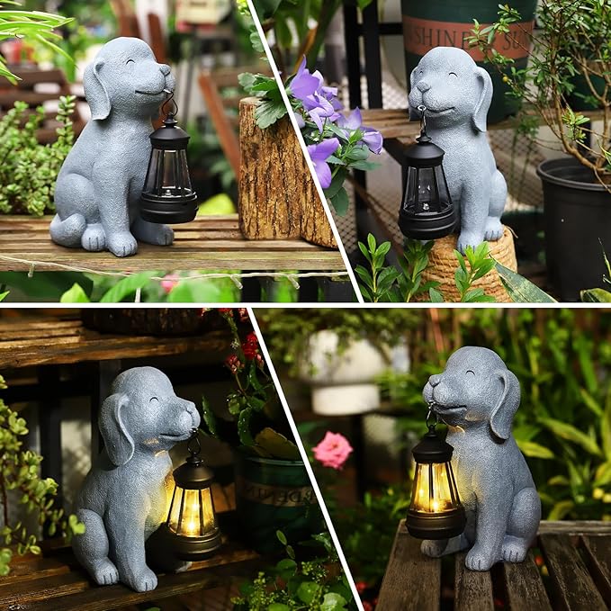 Solar Dog Garden Statue with Lantern, Outdoor Waterproof Dog Figurine Decor for Patio Yard Lawn, Dog Lover Gifts for Women Mom Grandma, Housewarming Gift