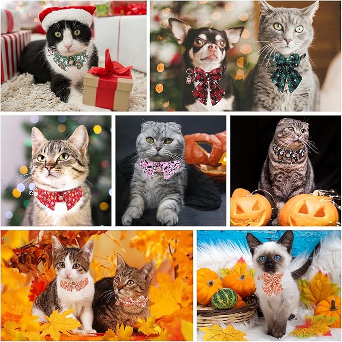 Thanksgiving Cat Collar Breakaway, Halloween Kitten Collar with Bells for Boy Girl Cat, 2 Pack Adjustable Cute Cat Collar with Bow & Pumpkin for Male Female Cat, Orange Bowtie Shirt Collar