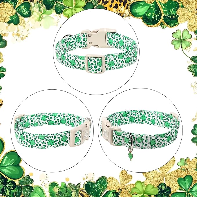 St Patricks Day Dog Collar for Large Dogs - Leopard Lucky Clover Dog Collars, Lightweight Adjustable Irish Green Festival Shamrock Dogs Collars with Quick Release Buckle L