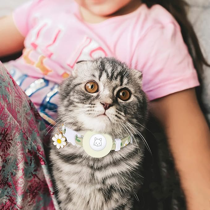 Airtag Cat Collar, JXFUKAL Kitten Collar Breakaway with Silicone Airtag Holder, Bells & Flower Charm for Girl Cats Boy Cats Small Dogs(Luminous Green)