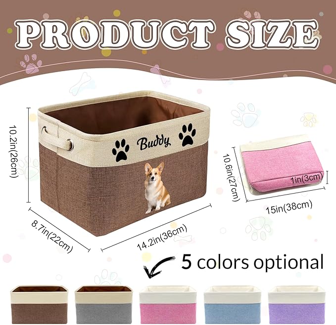 Personalized Dog Cat Toy Storage Basket with Photo & Name, Custom Collapsible Pet Organizer Bin with Handles for Toys, Clothes, Blankets & Pet Supplies