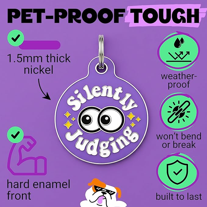Bad Tags Personalized Dog and Cat ID Tags in 25+ Designs and 2 Sizes - 5 Lines of Custom Engraved Text - Funny Cute Personalized Pet Tags (Silently Judging - Purple, Small (1 inch))